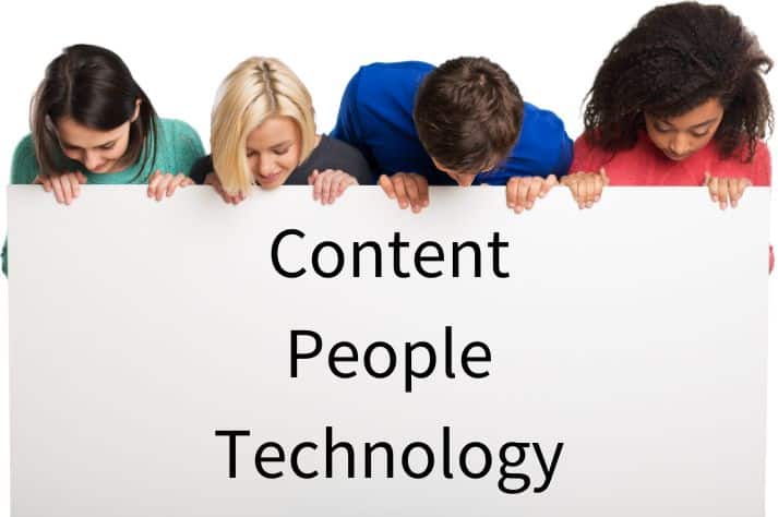 Four people holding a banner with the words 'Content, People, Technology' for conference planning.