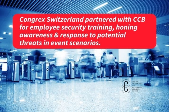 A scattered image of an airport control area with a white text above red background reading: Congrex Switzerland partnered with CCB for employee security training, honing awareness & response to potential threats in event scenarios.